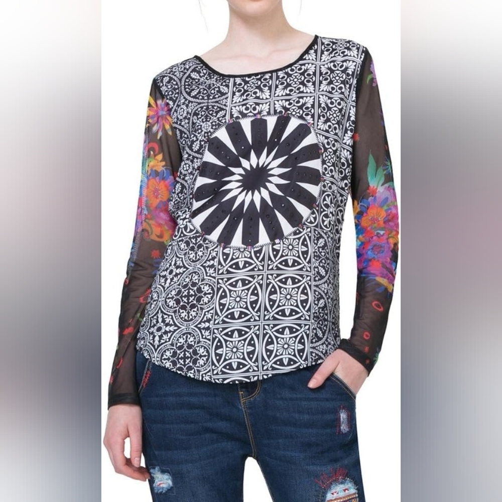 Desigual - Multi-pattern Long Sleeve Top With Sheer Sleeves - Size M